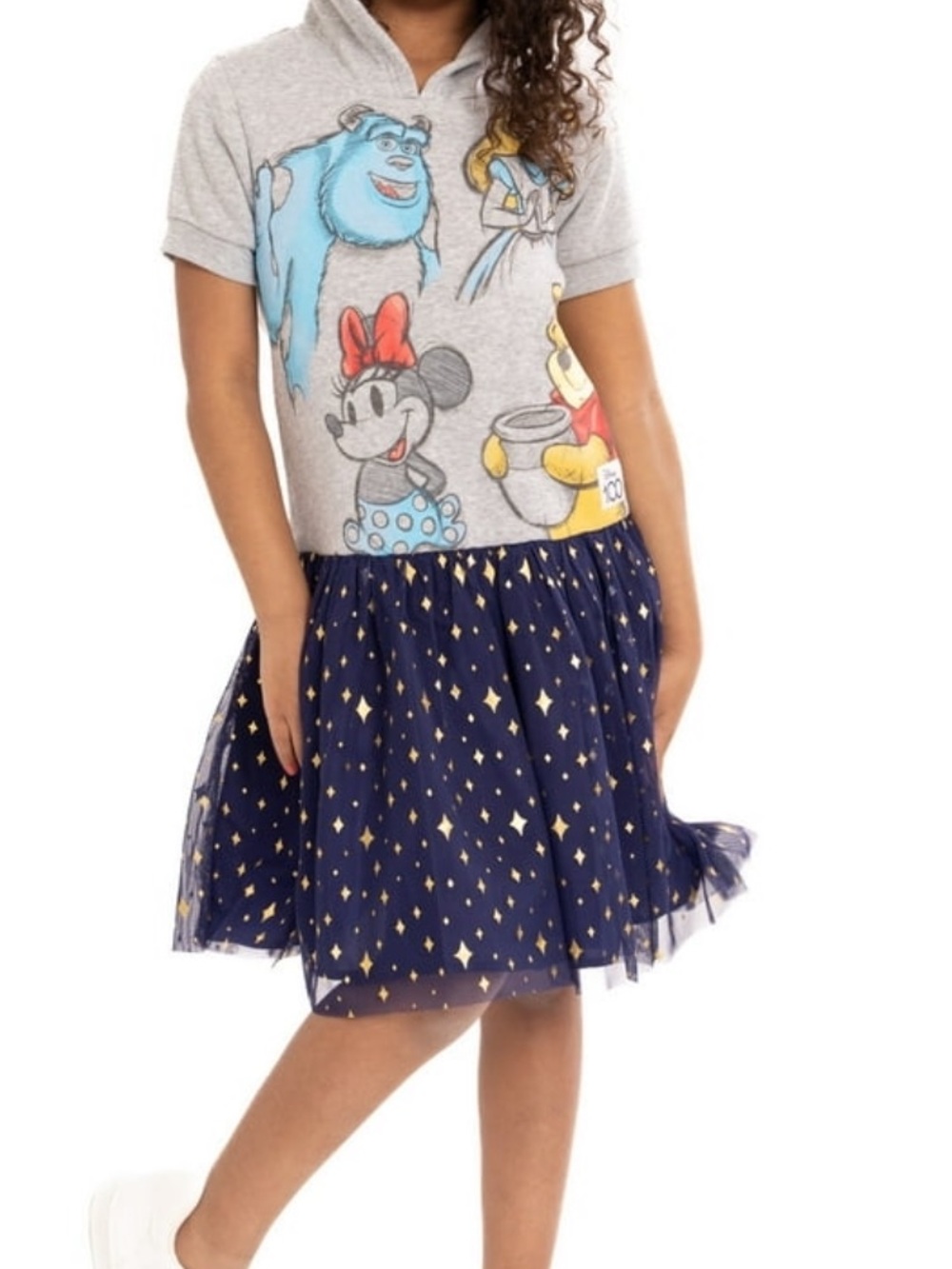 Disney Dress hood has ears short sleeve Gray & Navy Character Gold Accents 10-12